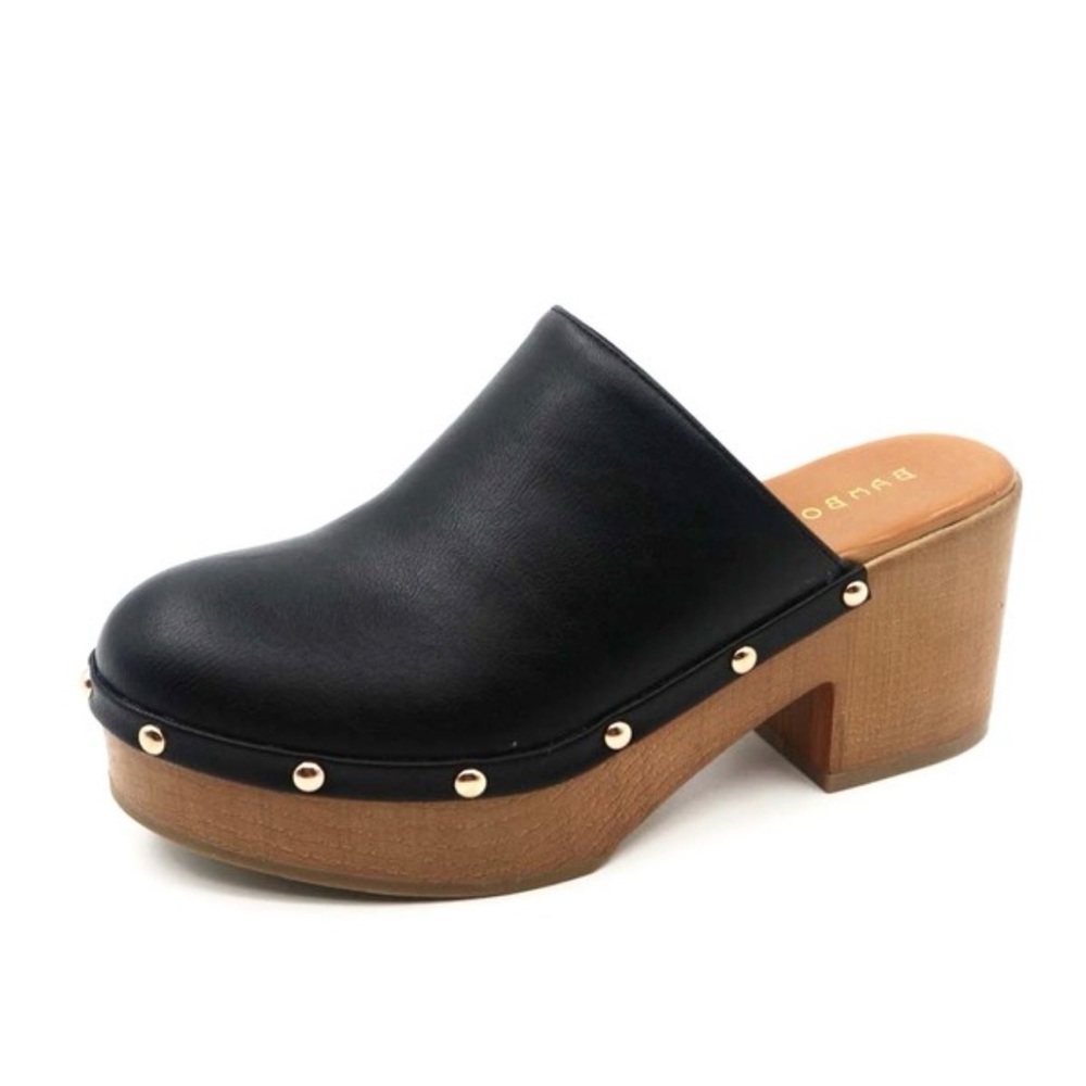 Black Studded Leather Clog Mule with Wood-Tone Heel